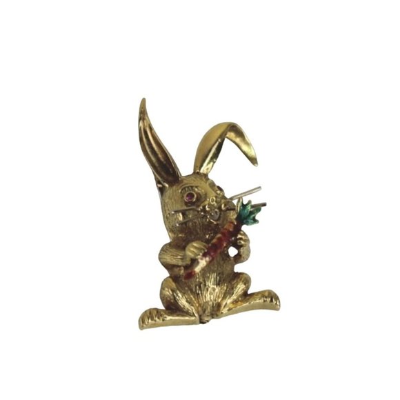 18KT Bunny Rabbit Brooch Ruby Eyes Enamel Carrot 18 KT Vintage